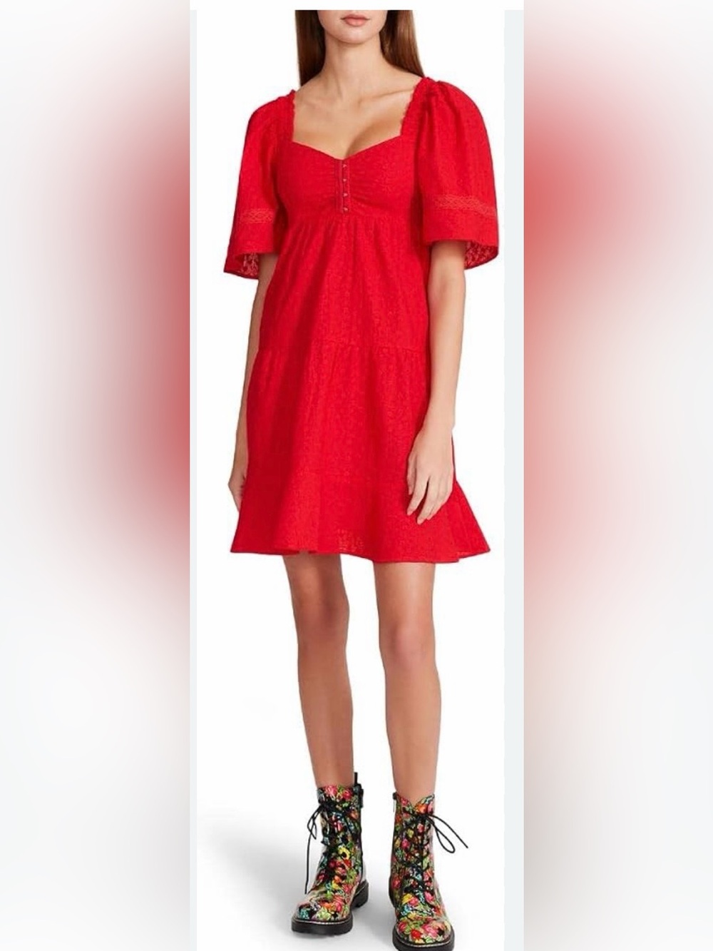 Betsey Johnson Red Puff Sleeve Tiered  Cotton Dress